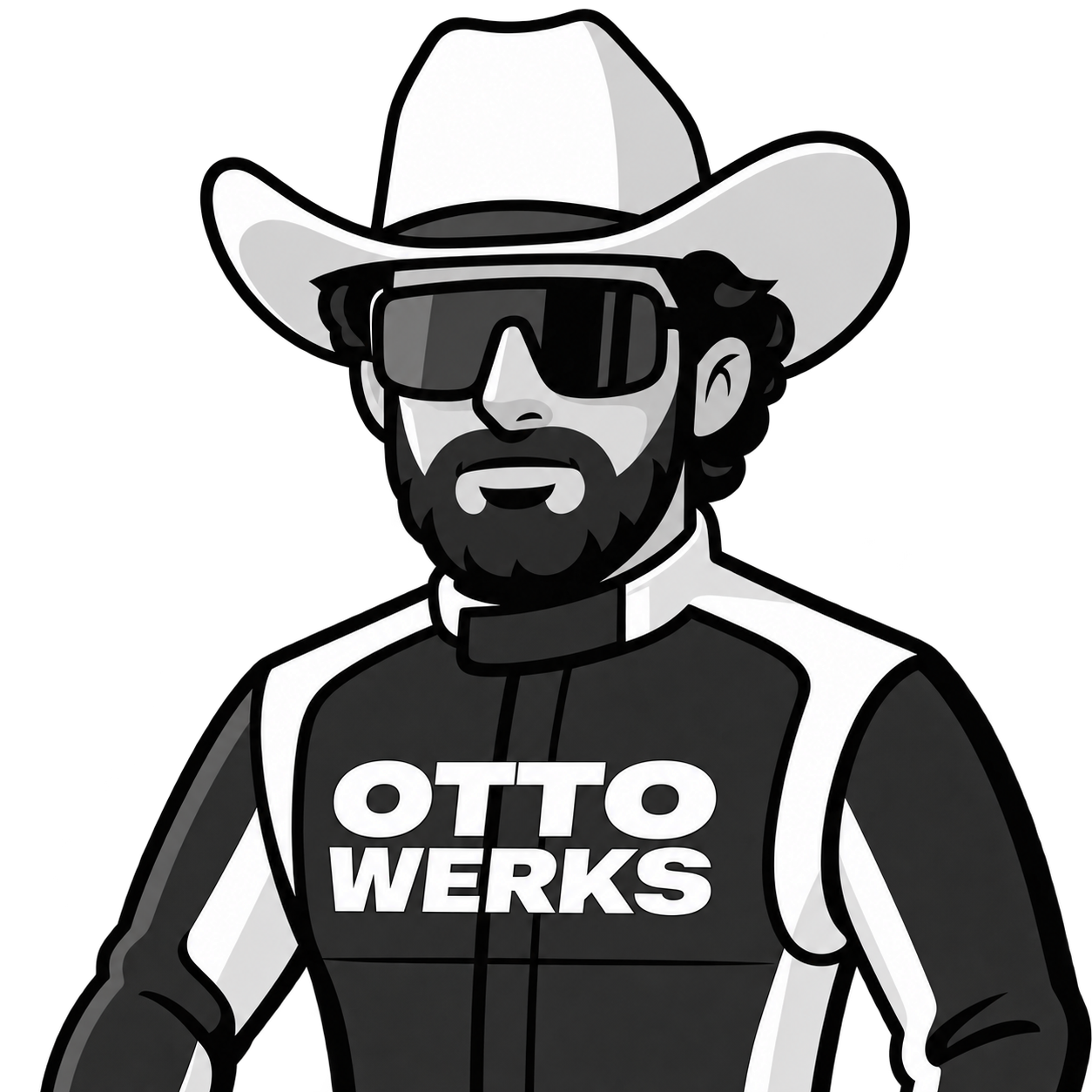 Black-and-white illustrated portrait in an OTTO WERKS racing suit, sunglasses and a cowboy hat.